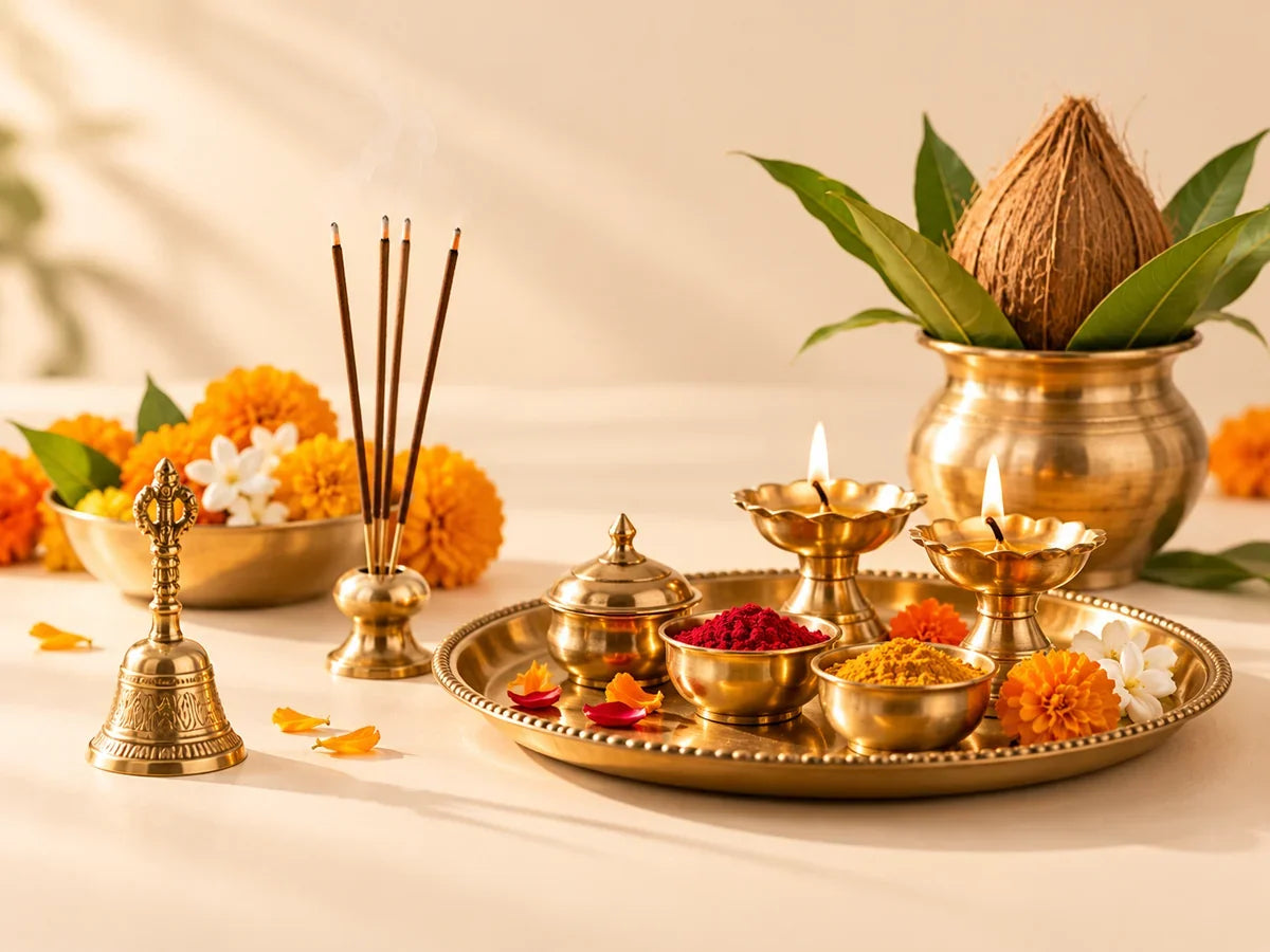 Festival and puja collection with brass lamps and pooja thali