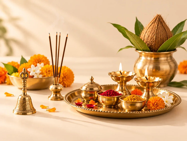 Festival and puja collection with brass lamps and pooja thali