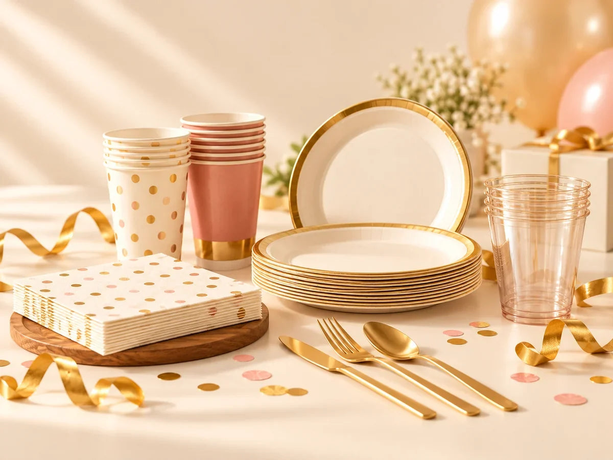 Party supplies, disposable cups, plates, tissues and cutlery