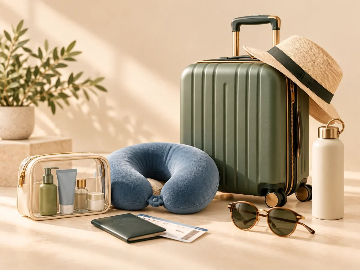 Stylish sage carry-on suitcase and travel accessories